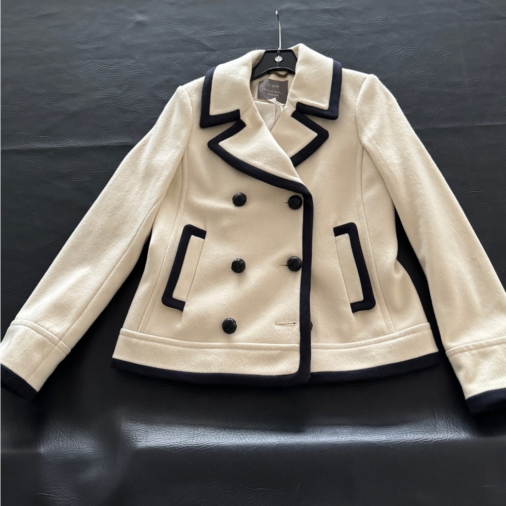J. Crew Ivory Pea Coat with Navy Accents